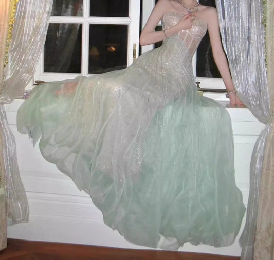 Gentle A-Line Sequined Tulle Strapless Long Prom Dress Adult Ceremony Prom Dress ED01716