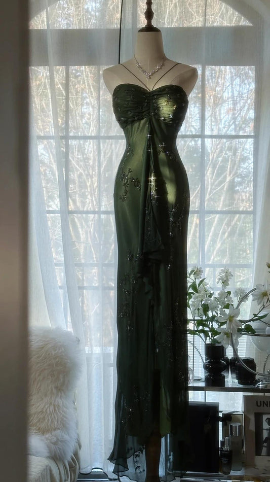 Robe de bal longue vintage vert forêt à bretelles spaghetti et paillettes en mousseline de soie et perles, élégante, ED01717