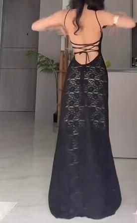 Robe de bal longue noire moulante à bretelles spaghetti en mousseline de soie, robe de soirée dos nu sexy ED01722