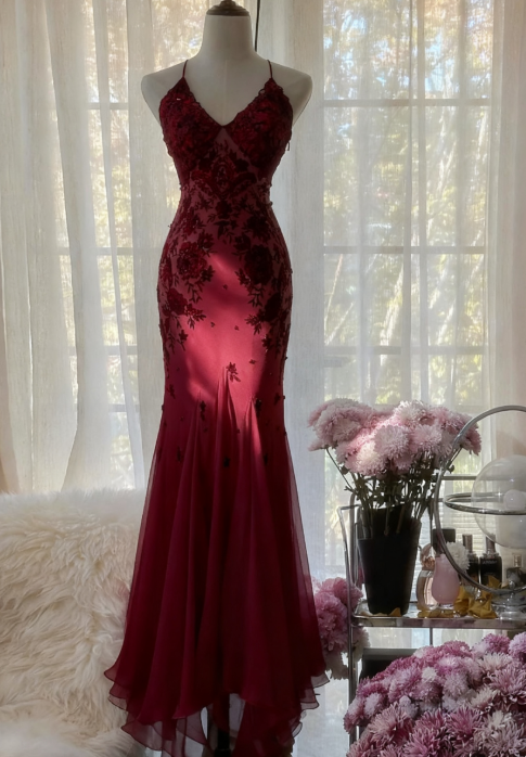 Mermaid Spaghetti Strap Chiffon Applique Long Prom Dresses Temperament Party Dresses ED01723