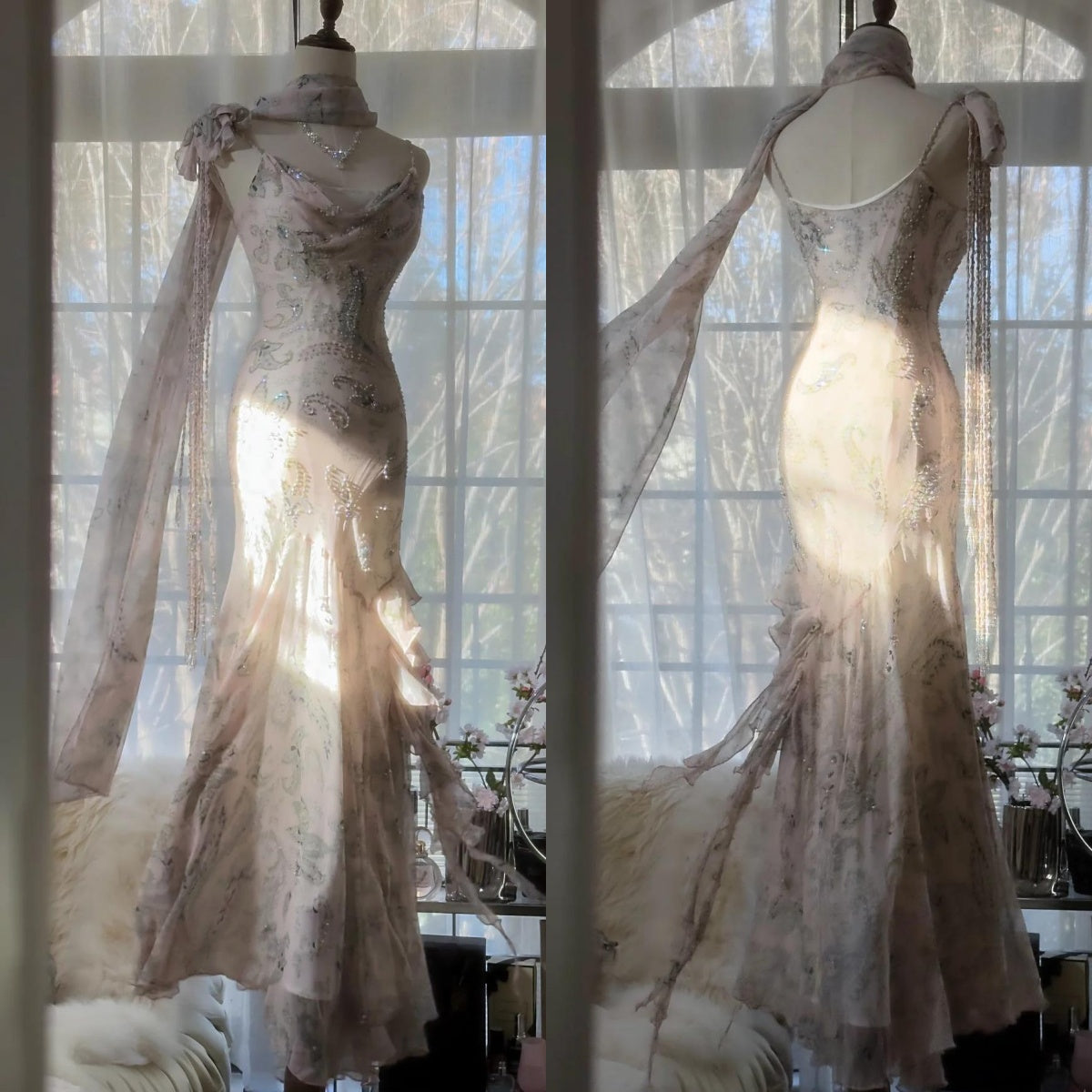 💕 Fairytale Pink Spaghetti Straps Mermaid Evening Gowns Vintage Elegant Beaded Silk Long Prom Dress ED01724