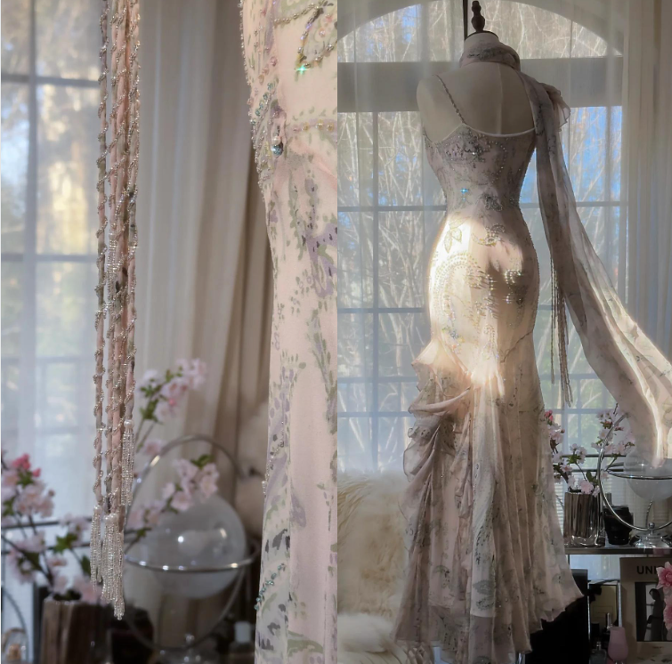 ๐ Fairytale Pink Spaghetti Straps Mermaid Evening Gowns Vintage Elegant Beaded Silk Long Prom Dress Guest Dresses ED01724