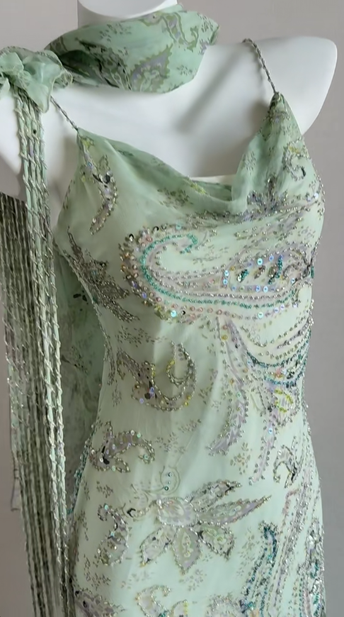 Green Mermaid Formal Dresses Beaded Chiffon Open Back Long Prom Dresses Spaghetti Straps Guest Dresses