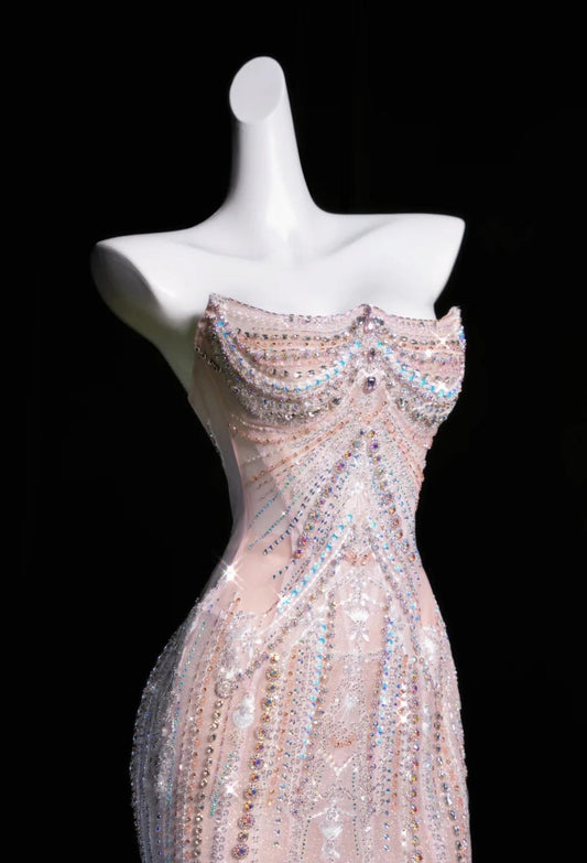 Pink Mermaid Strapless Tulle Diamond Long Prom Dress Sweet Wedding Dress Formal Dress ED01726