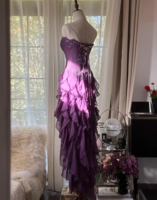 Purple Strapless Chiffon Beaded Layered Lace-Up Ball Gown Gown