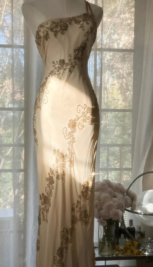 Champagne Retro Chiffon Sheath Party Dress One Shoulder Beaded Long Prom Dress