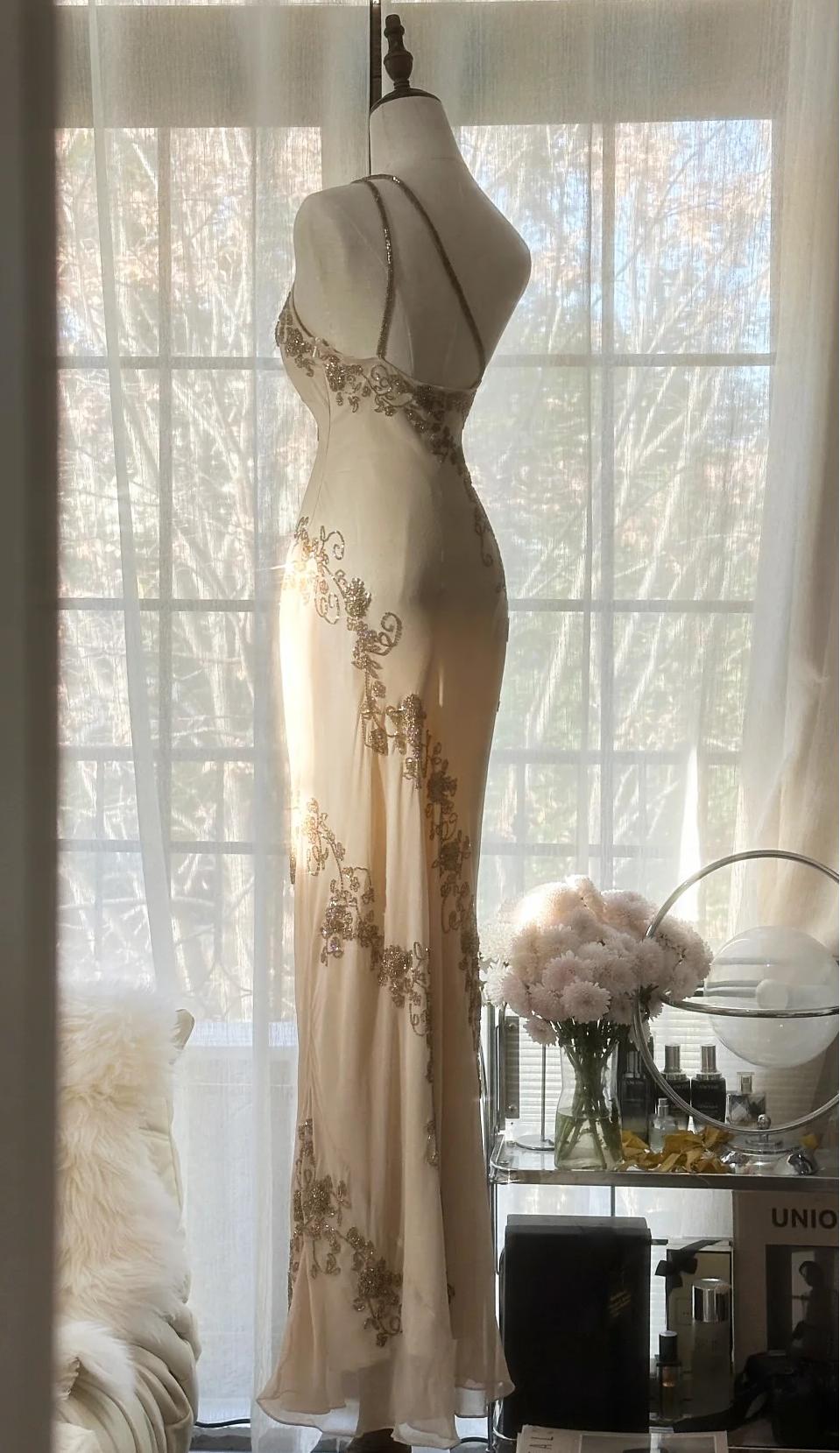 Champagne Retro Chiffon Sheath Party Dress One Shoulder Beaded Long Prom Dress