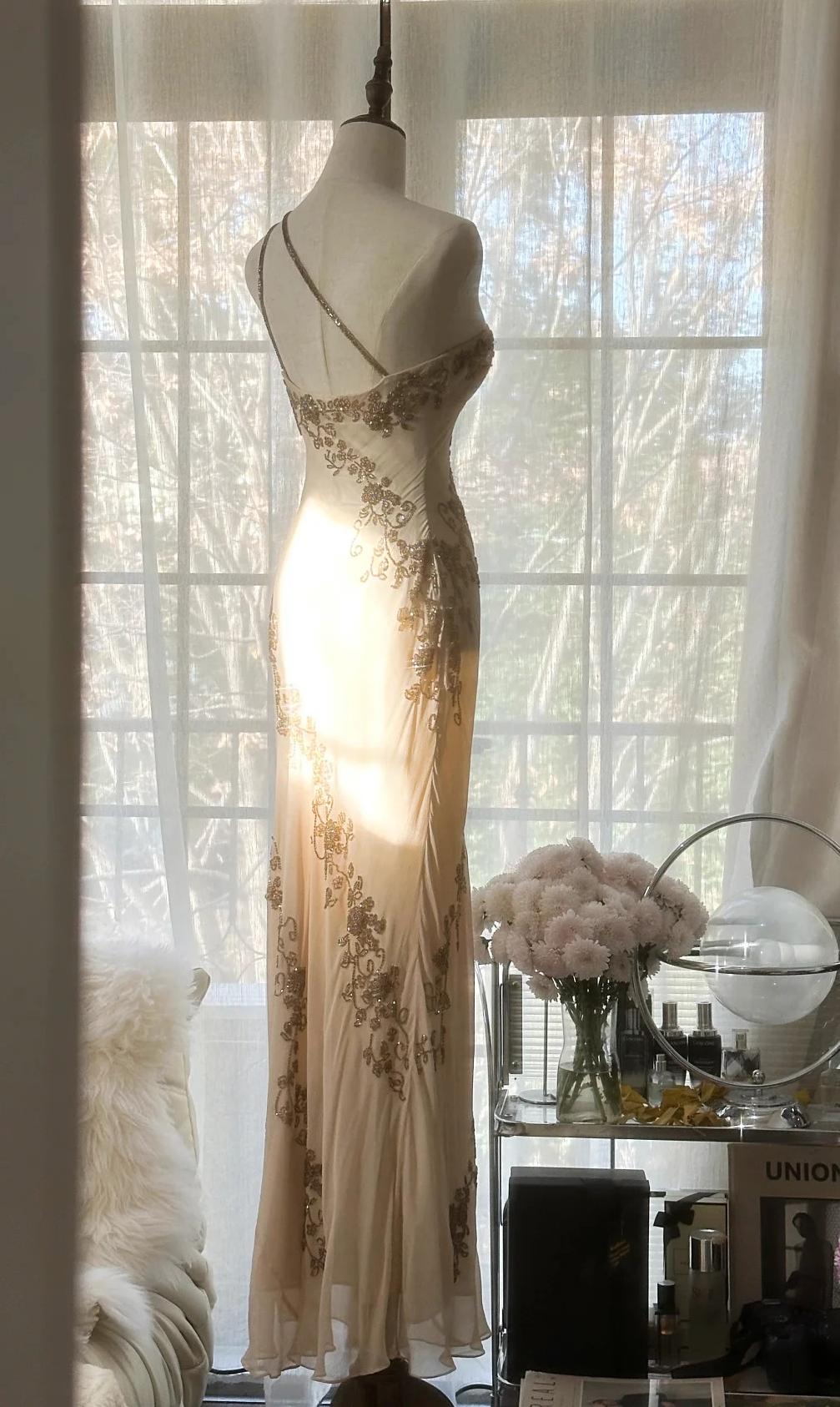 Champagne Retro Chiffon Sheath Party Dress One Shoulder Beaded Long Prom Dress