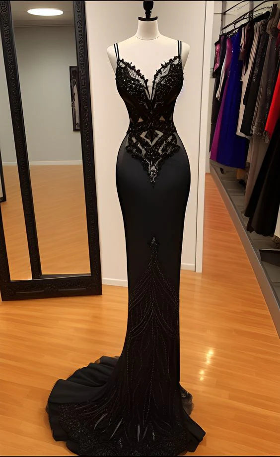 Modest Black Spaghetti Strap Mermaid Satin Prom Dresses Long Prom Dress ED01735