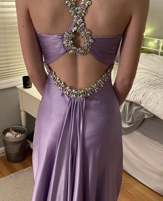 Gentle Purple 💜Satin Beaded Backless Long Prom Dress for Pool Party Birthday Sexy Evening Dresses