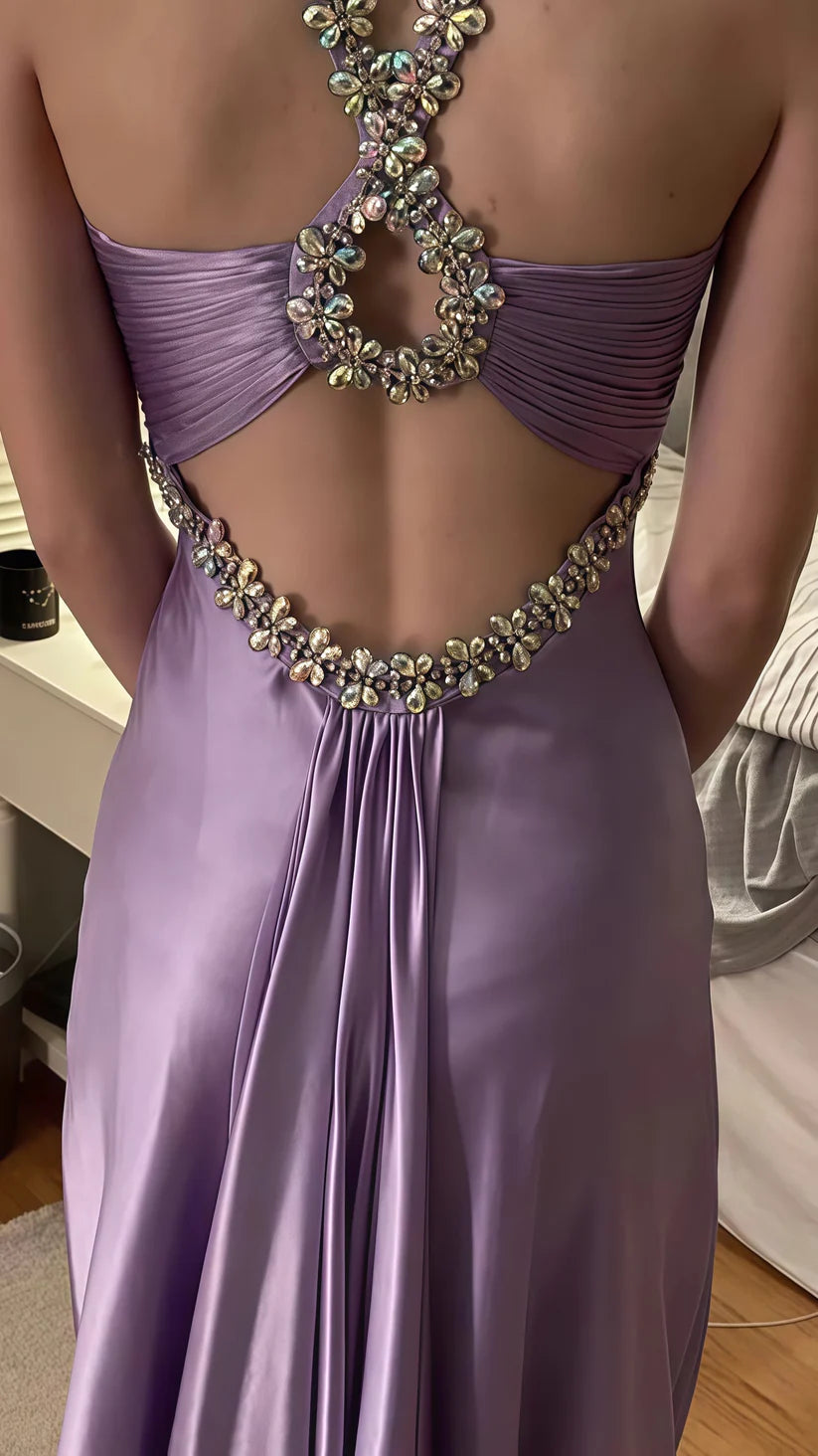 Glamou Purple 💜Satin Beaded Backless Long Prom Dress for Party&Birthday,Elegant Wedding Guest Outfits ED01736