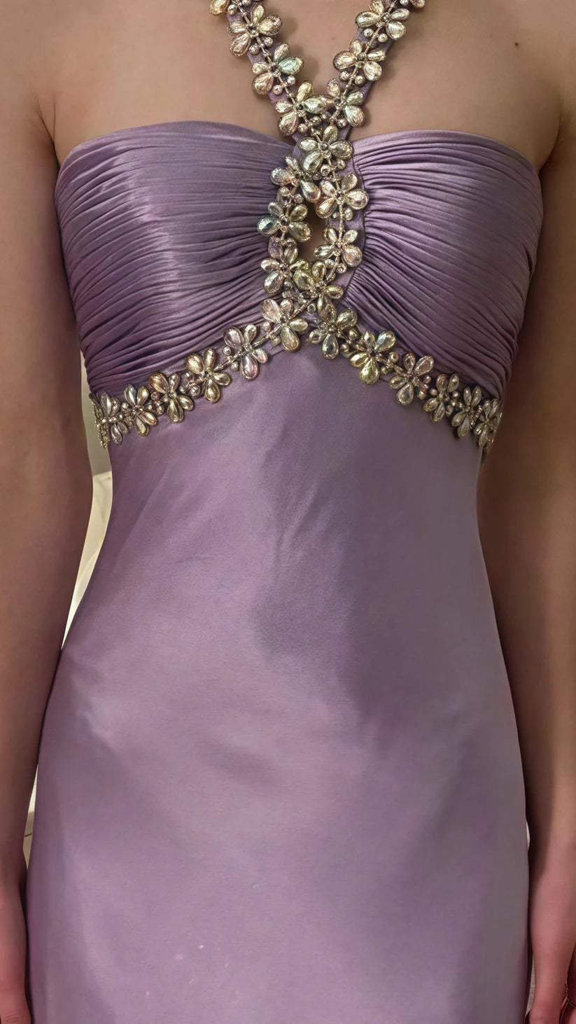 Glamou Purple 💜Satin Beaded Backless Long Prom Dress for Party&Birthday,Elegant Wedding Guest Outfits ED01736
