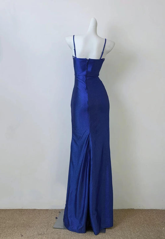 Klein Blue Elegant Spaghetti Straps Slit Long Prom Dress Charming Birthday Party Dress ED01738