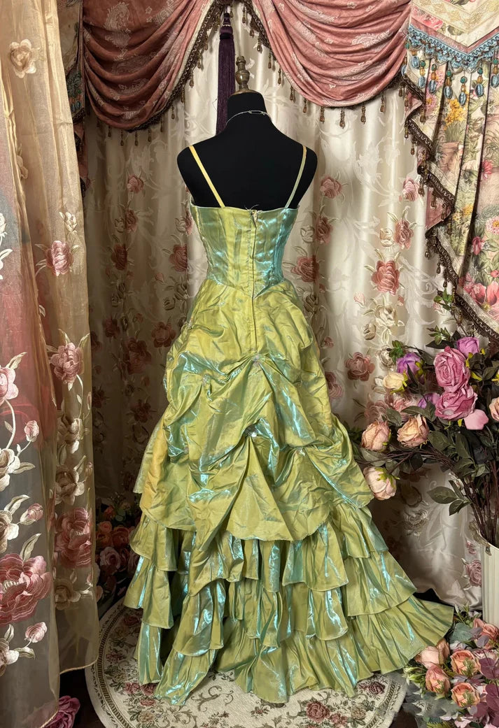💚Sage Retro A-Line Mask Prom Dress ✨Beaded Satin Ball Gown for Birthady&Graduation