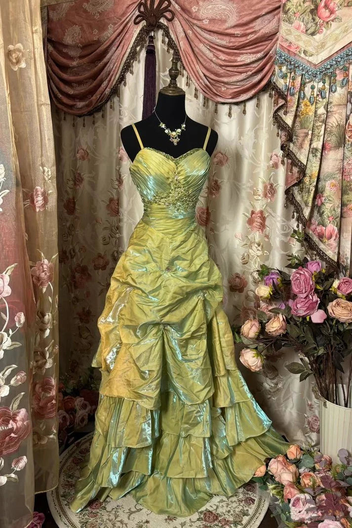 💚Sage Retro A-Line Mask Prom Dress ✨Beaded Satin Ball Gown for Birthady&Graduation