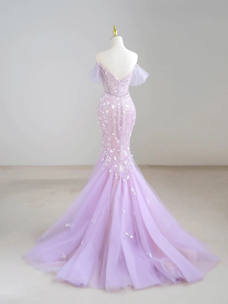 Robe de bal longue violette en tulle à paillettes et col en V, style sirène, ED01744