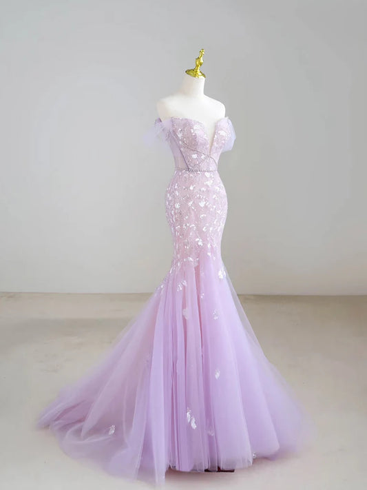 Mermaid Off-Shoulder Tulle Sequin Long Prom Dress Purple Formal Dress ED01744