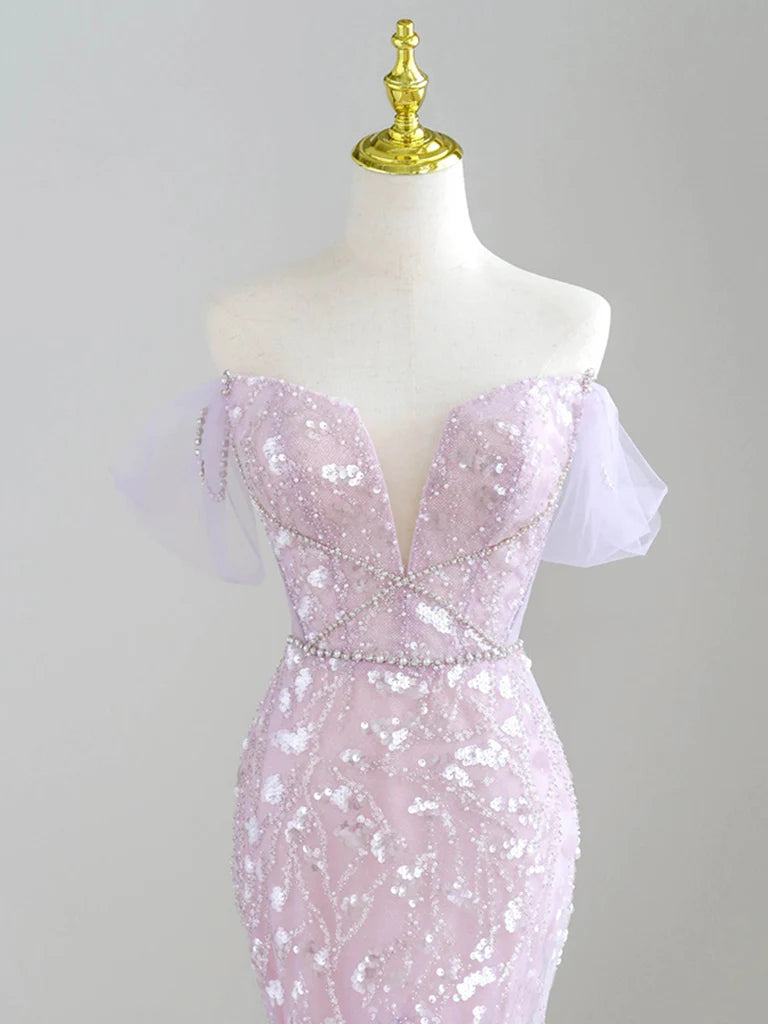 Robe de bal longue violette en tulle à paillettes et col en V, style sirène, ED01744