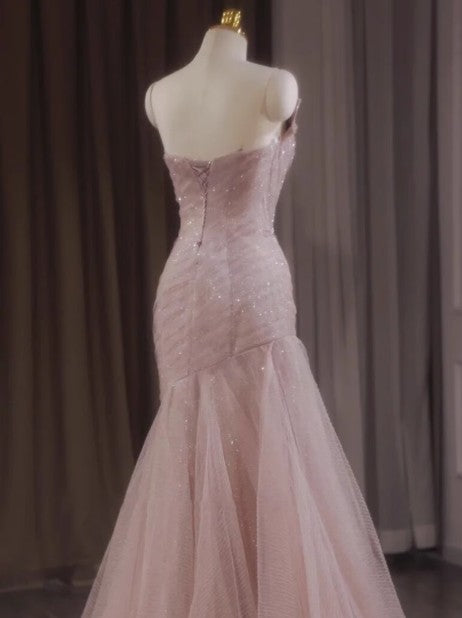 Pink Mermaid Strapless Tulle Sequined Long Prom Dress Sweet Wedding Dress ED01745