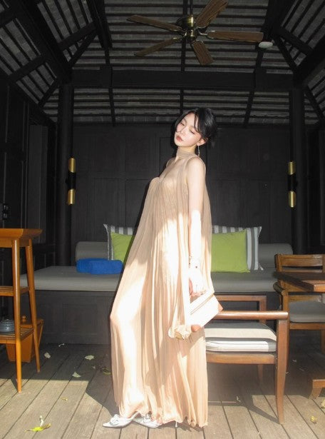Rückenfreies Maxikleid im französischen Stil mit Netzband und Tube-Top ED01748