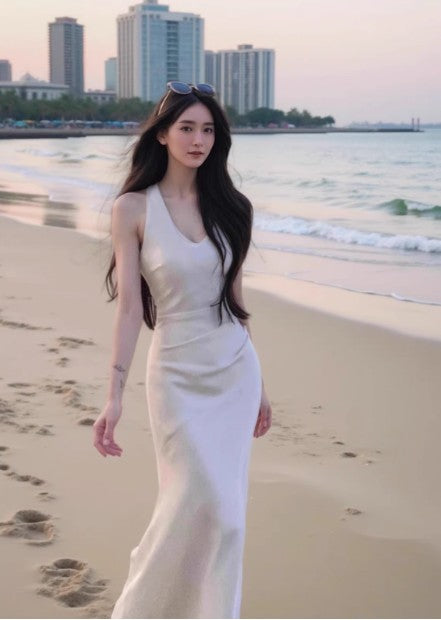 French Satin Mermaid V-Neck Halter Dress ED01750