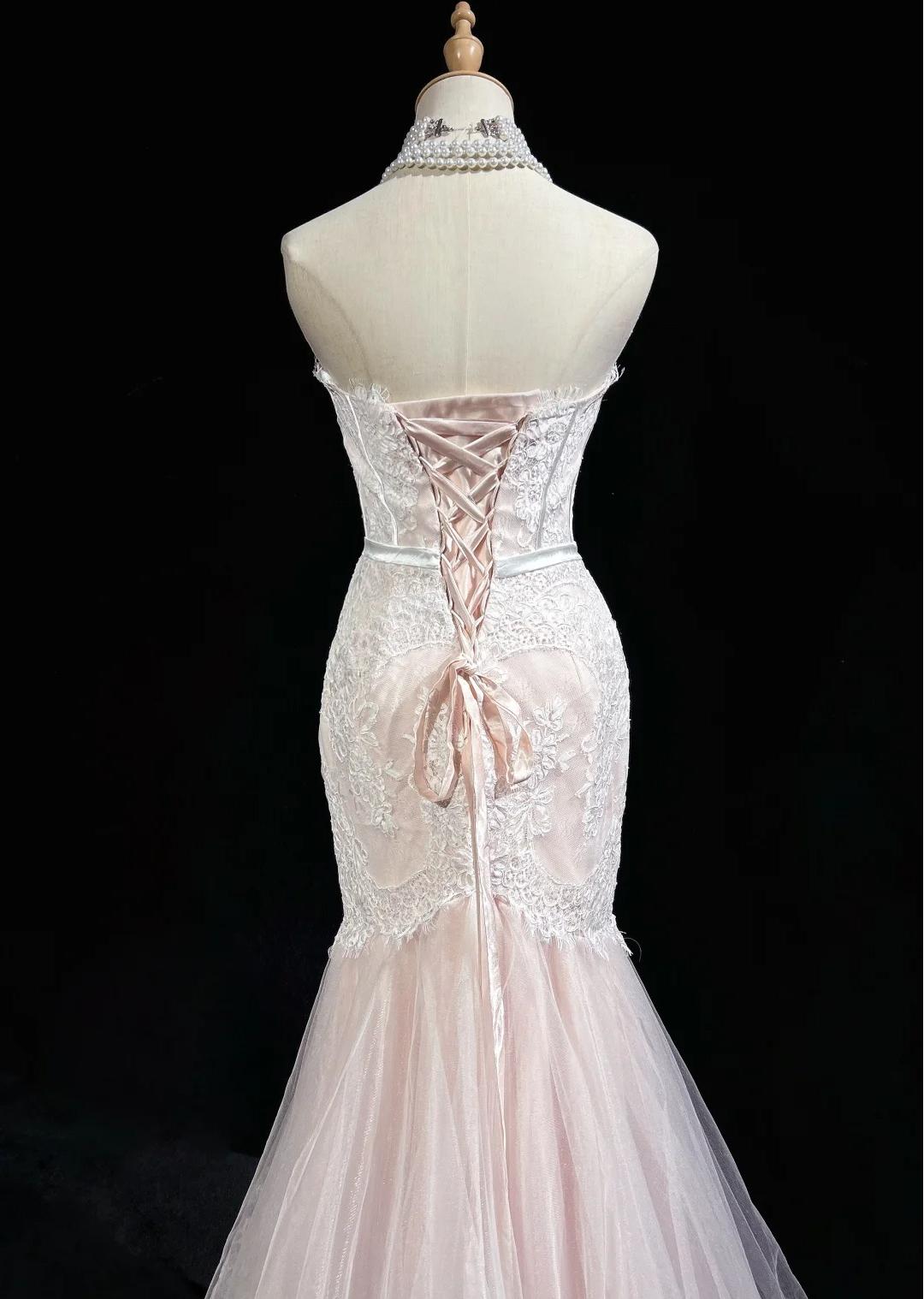 Robe de bal longue rose clair, style sirène, sans bretelles, en tulle et dentelle, décolleté en cœur, robe de soirée ED01762