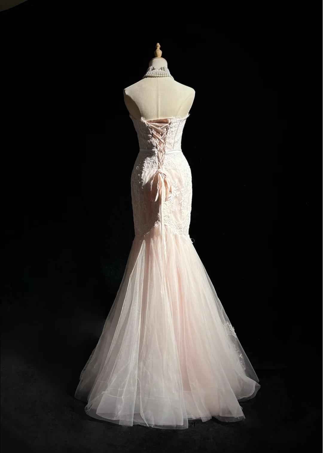 Robe de bal longue rose clair, style sirène, sans bretelles, en tulle et dentelle, décolleté en cœur, robe de soirée ED01762