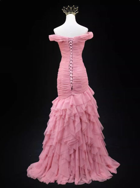 Robe de bal longue rose sirène en tulle à épaules dénudées, robe de cérémonie pour adulte ED01764