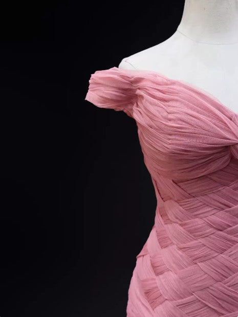 Robe de bal longue rose sirène en tulle à épaules dénudées, robe de cérémonie pour adulte ED01764