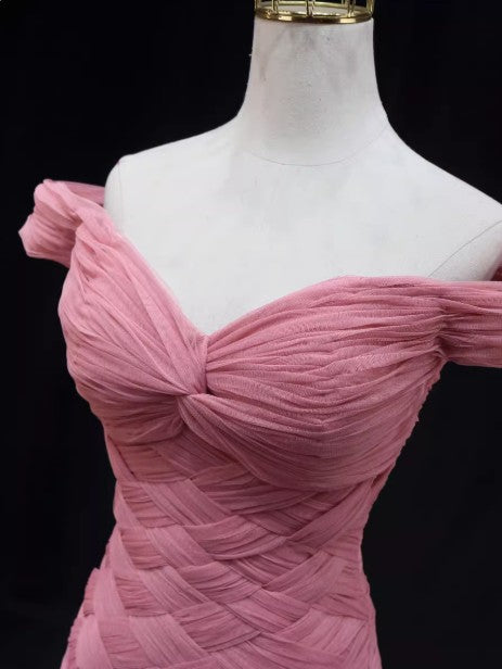 Robe de bal longue rose sirène en tulle à épaules dénudées, robe de cérémonie pour adulte ED01764