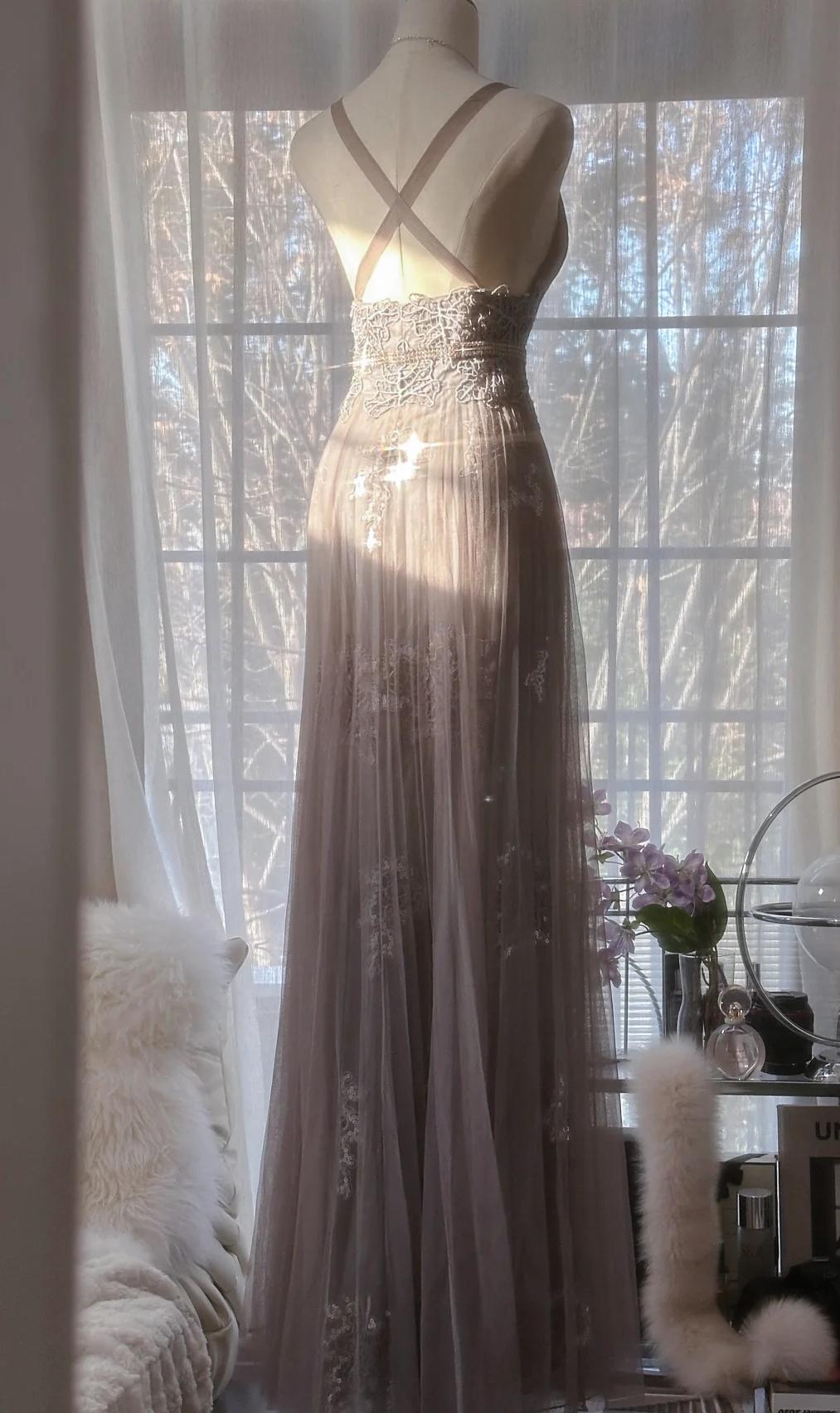 Gray Purple A-Line V Neck Tulle Lace Long Prom Dress Gorgeous Evening Dress ED01765