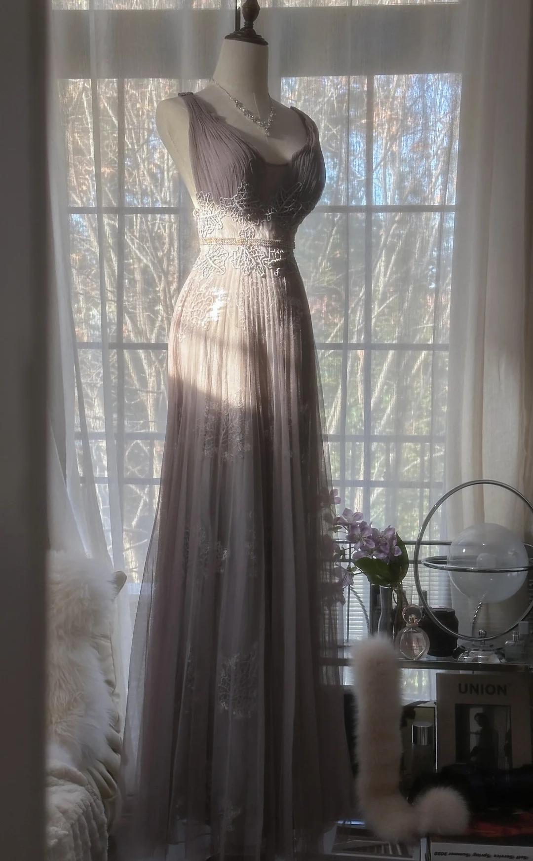 Gray Purple A-Line V Neck Tulle Lace Long Prom Dress Gorgeous Evening Dress ED01765