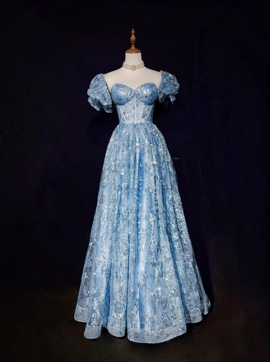 Blaues A-Linien-Abendkleid mit herzförmigem Ausschnitt und Tüll und Pailletten, langes Ballkleid, exquisites Geburtstagskleid, ED01766