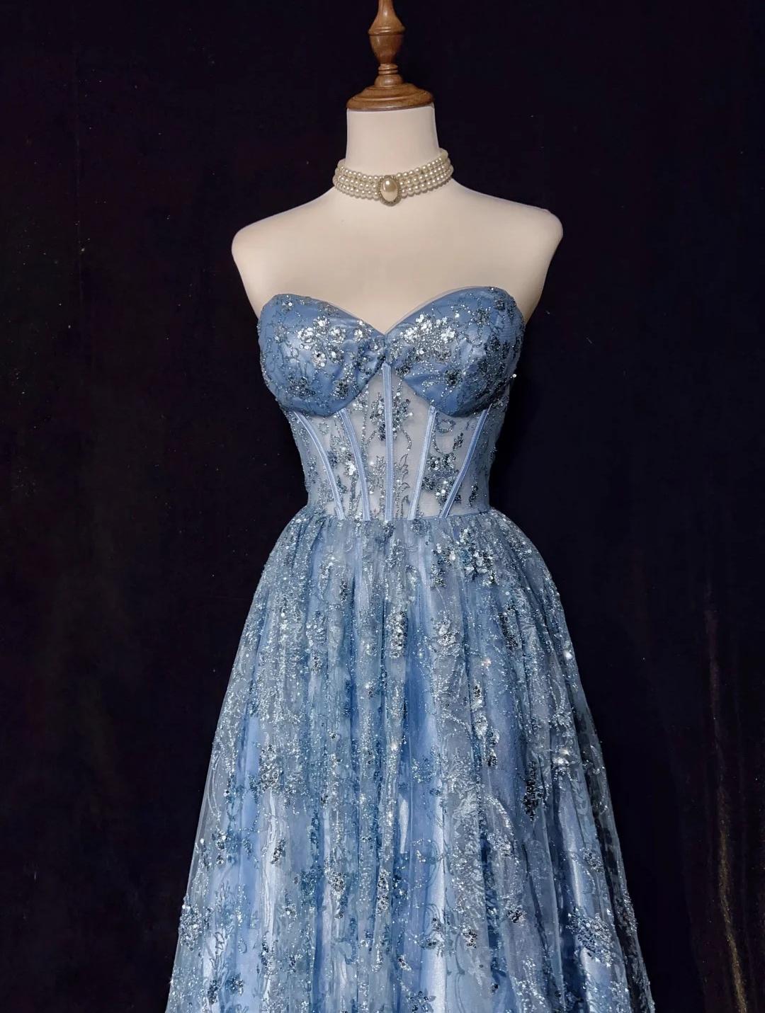 Blaues A-Linien-Abendkleid mit herzförmigem Ausschnitt und Tüll und Pailletten, langes Ballkleid, exquisites Geburtstagskleid, ED01766