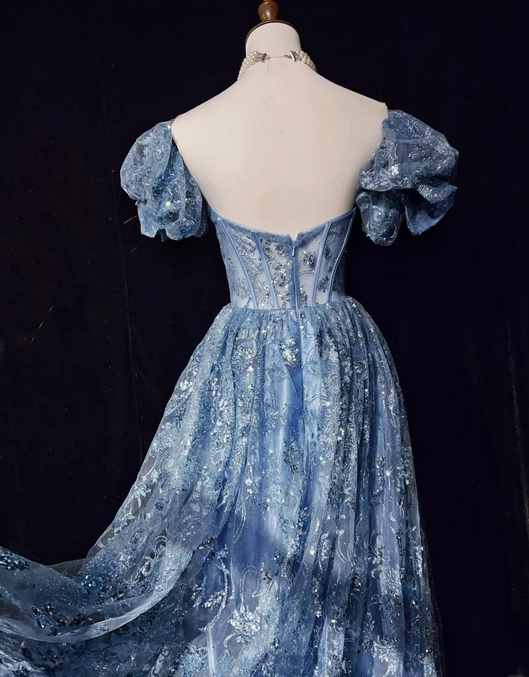 Blaues A-Linien-Abendkleid mit herzförmigem Ausschnitt und Tüll und Pailletten, langes Ballkleid, exquisites Geburtstagskleid, ED01766