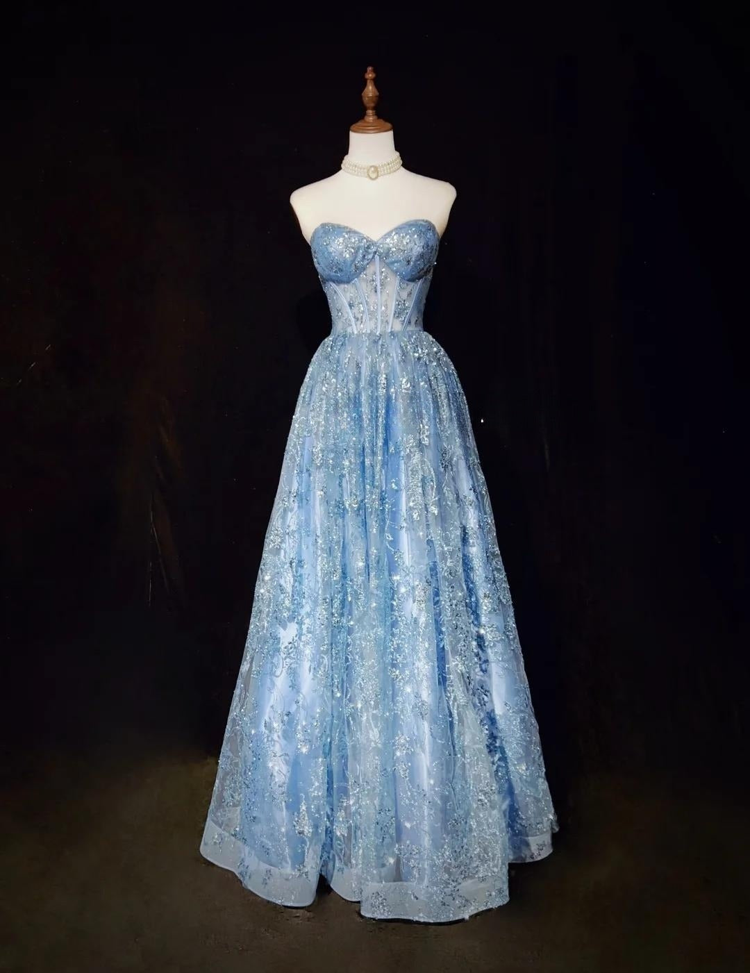 Blaues A-Linien-Abendkleid mit herzförmigem Ausschnitt und Tüll und Pailletten, langes Ballkleid, exquisites Geburtstagskleid, ED01766