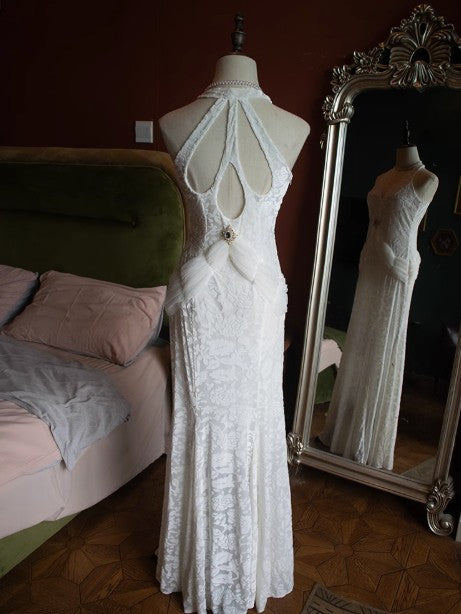 Weißes Meerjungfrau-Ballkleid aus Samtchiffon mit V-Ausschnitt ED01767