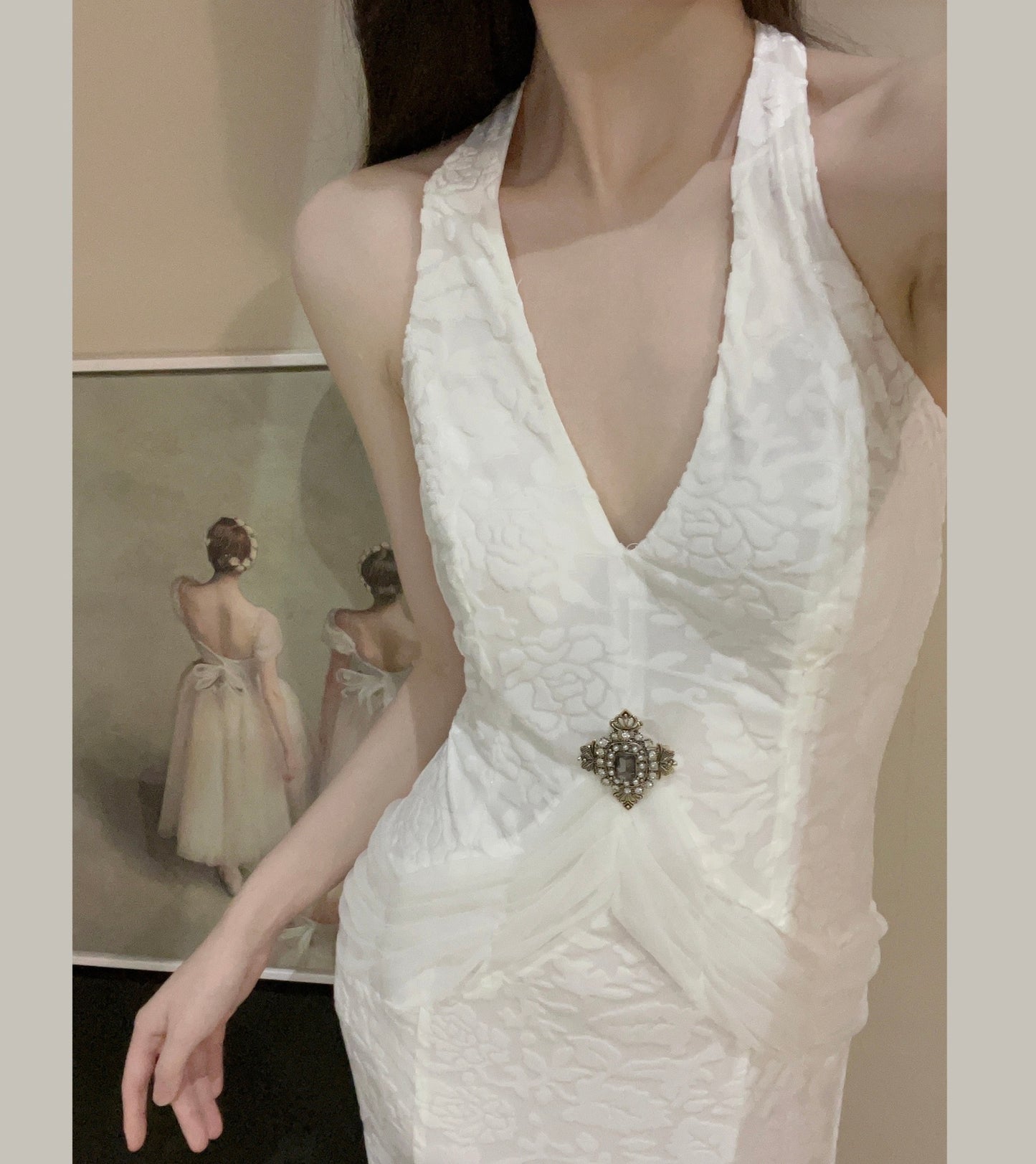 Weißes Meerjungfrau-Ballkleid aus Samtchiffon mit V-Ausschnitt ED01767