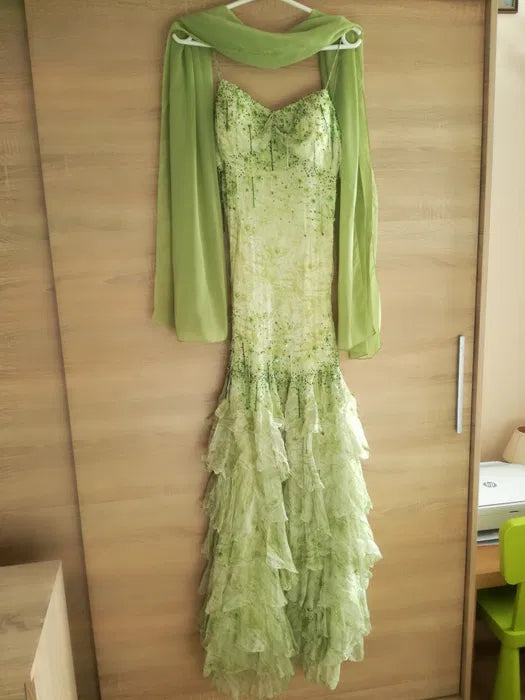 Fairytale Green Mermaid Vintage Party Dresses Sweetheart Chiffon Beaded Layed Prom Dresses ED01769