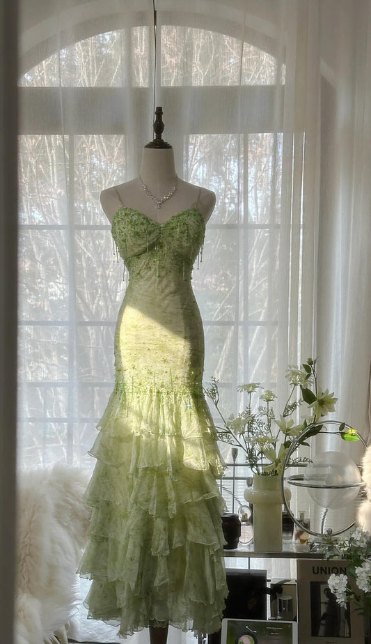 Green Spaghetti Straps Layed beaded Chiffon prom dresses