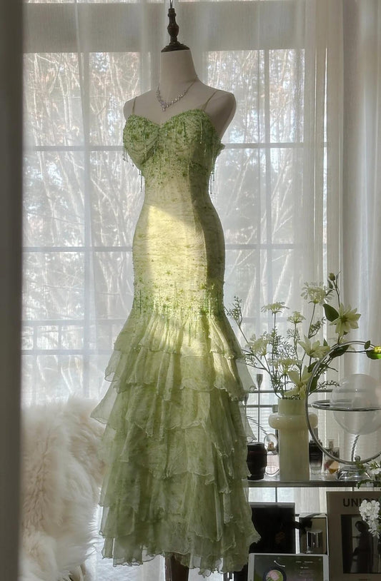 Green Spaghetti Straps Layed beaded Chiffon prom dresses