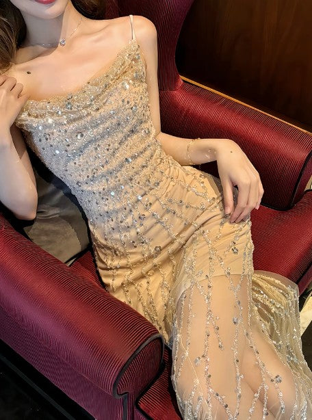 Robe de bal sirène rose chair à bretelles spaghetti en tulle et paillettes, robe d'anniversaire ED01771