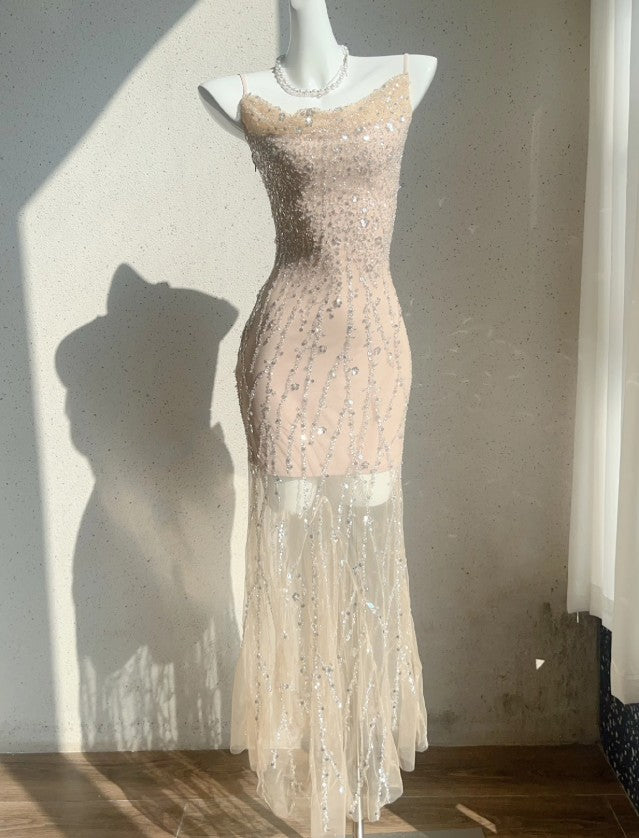 Robe de bal sirène rose chair à bretelles spaghetti en tulle et paillettes, robe d'anniversaire ED01771