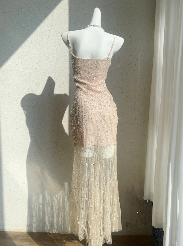 Robe de bal sirène rose chair à bretelles spaghetti en tulle et paillettes, robe d'anniversaire ED01771