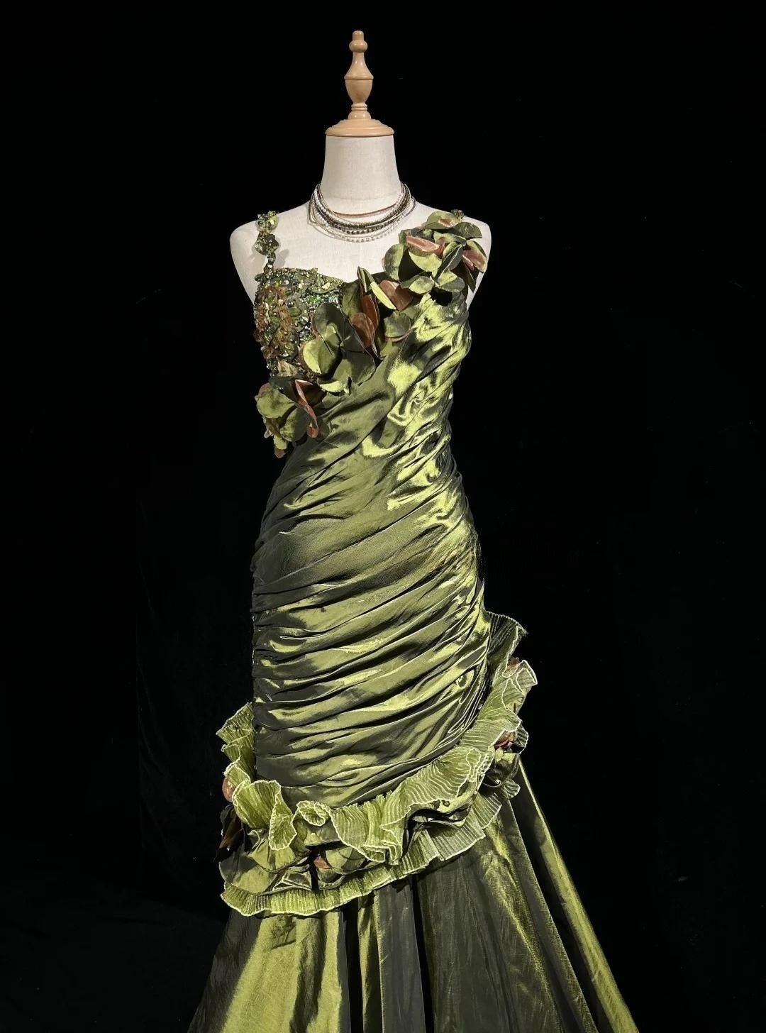 Dark Green Retro Mermaid Irregular Neckline Satin Beaded Long Prom Dress Birthday Graduation Prom Dress ED01776