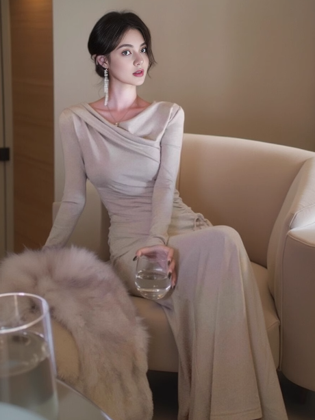 Langärmliges Fischschwanzkleid im französischen Stil mit Kordelzug in der Taille ED0177