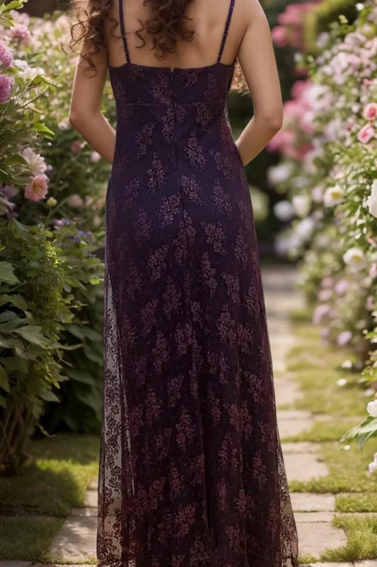 Vintage Y2K Grape Sheath Party Dress 90s Spaghetti Straps Lace Evening Dress ED01781