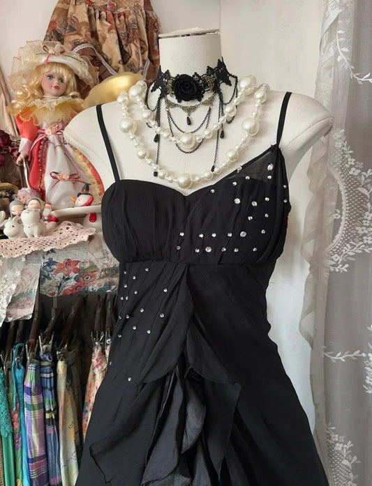 Black Spaghetti Strap Chiffon Backless Mermaid Gown with Diamonds