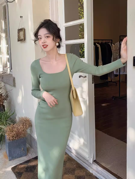 Französisches Retro-Strickkleid mit quadratischem Ausschnitt ED0178