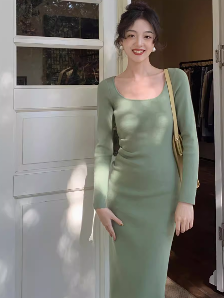 Französisches Retro-Strickkleid mit quadratischem Ausschnitt ED0178